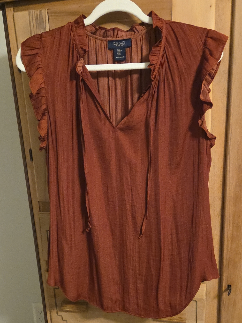 Rachel Rust Ruffle Cap-Sleeve V-Neck Tie Blouse